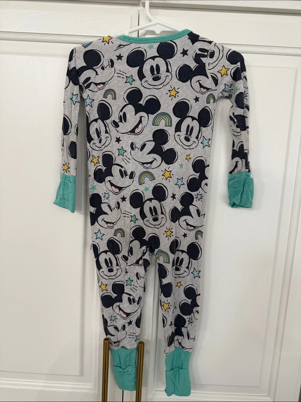 Disney x Little Sleepies Gray Mickey Mouse One-Piece Footie with Teal Trim